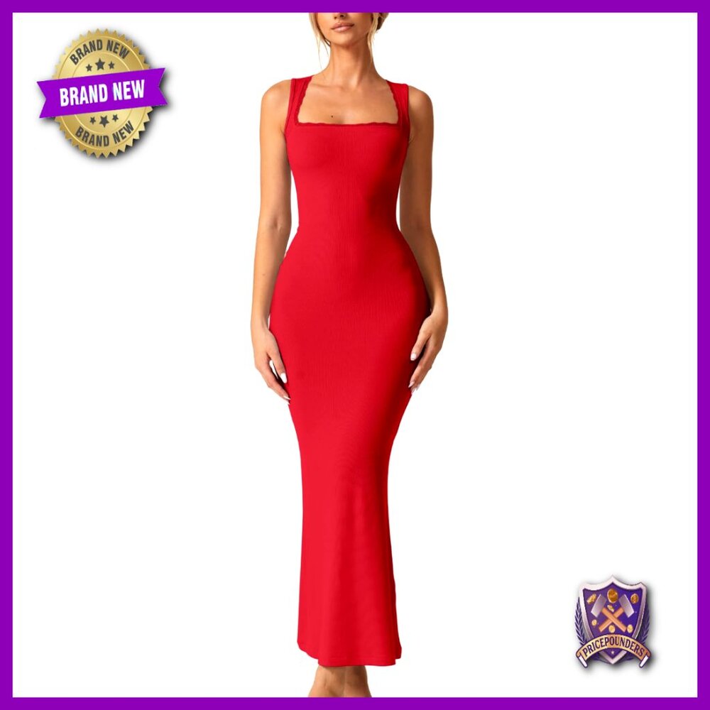 Square Neck Lace Detail Ribbed Maxi Dress Sleeveless Lounge Elegant Chic